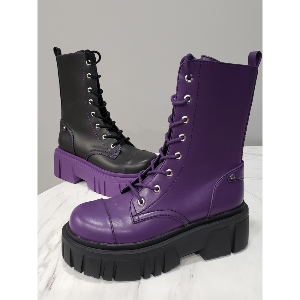 Dolls Kill Devil Games Mismatch Combat Boot PURPLE BLACK gothic witchy grunge